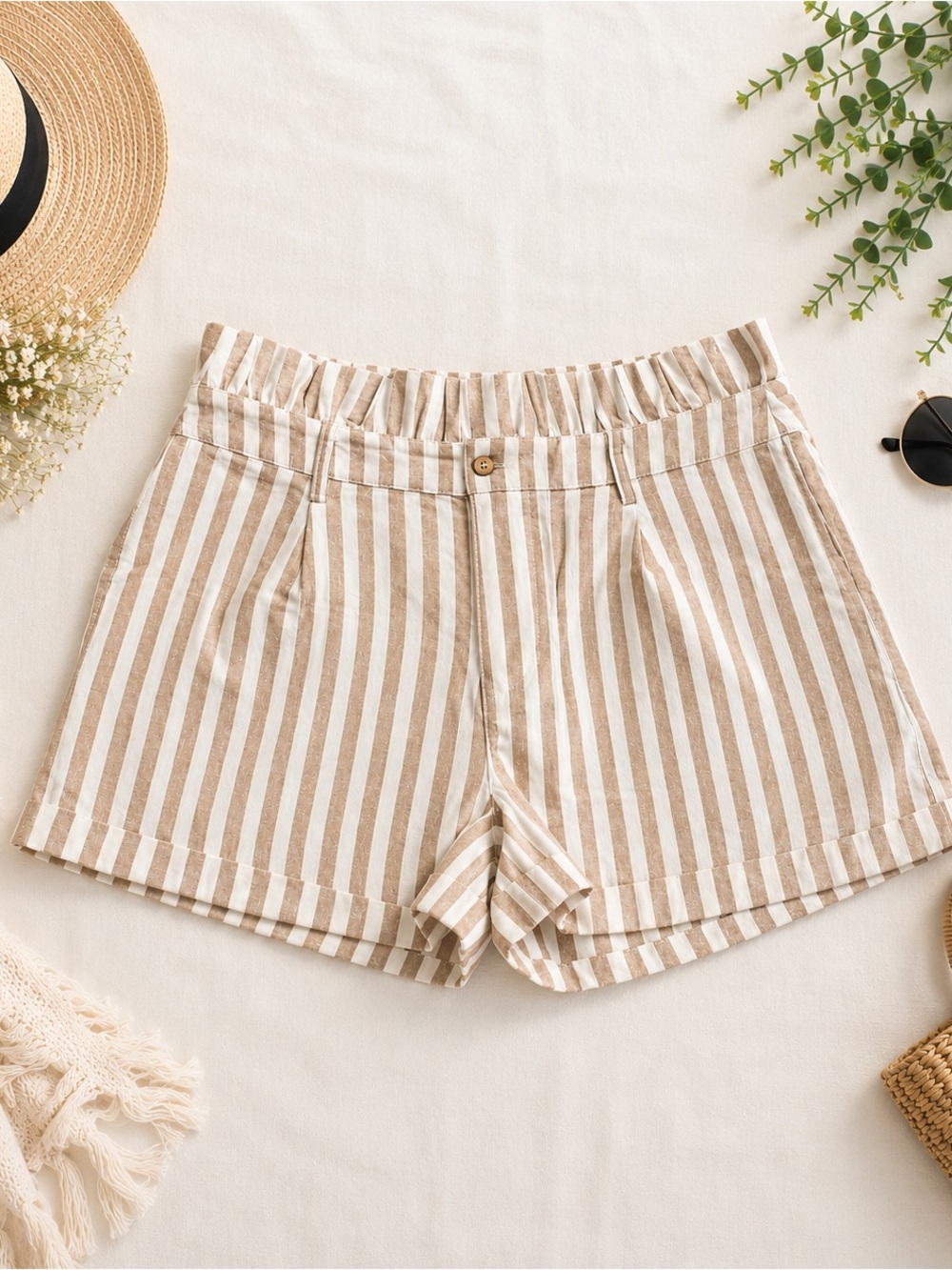 Pink Lily Striped Paperbag Waist Shorts Size Small Beige & White